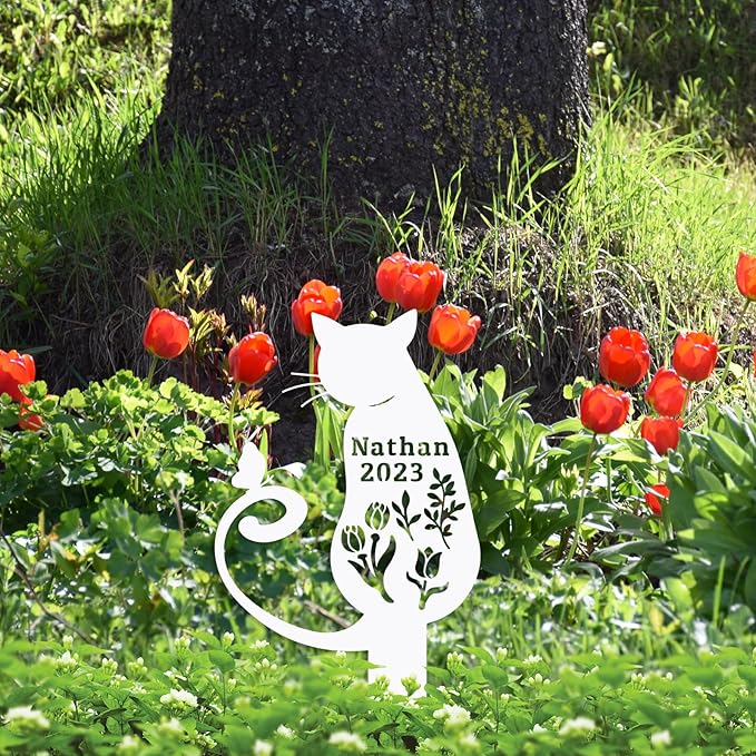 Custom Butterfly Cat Grave Marker Metal Cat Memorial Statue, Personalized Flowers Cat Memorial Stake Grave Marker, Customized Pet Cat Memorial Garden Plaque Cemetery Marker Burial Marker