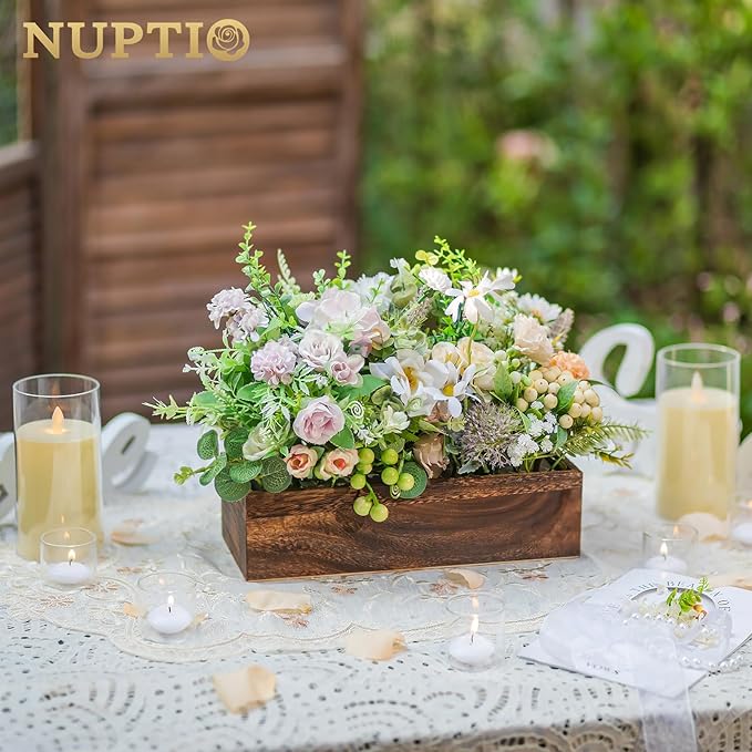 NUPTIO Wooden Box Centerpiece for Table: 2 Pcs 11.8" Long Wood Rectangle Planters - Farmhouse Flower Vase for Fall Wedding Dining Living Room Window Mantel Table Decor