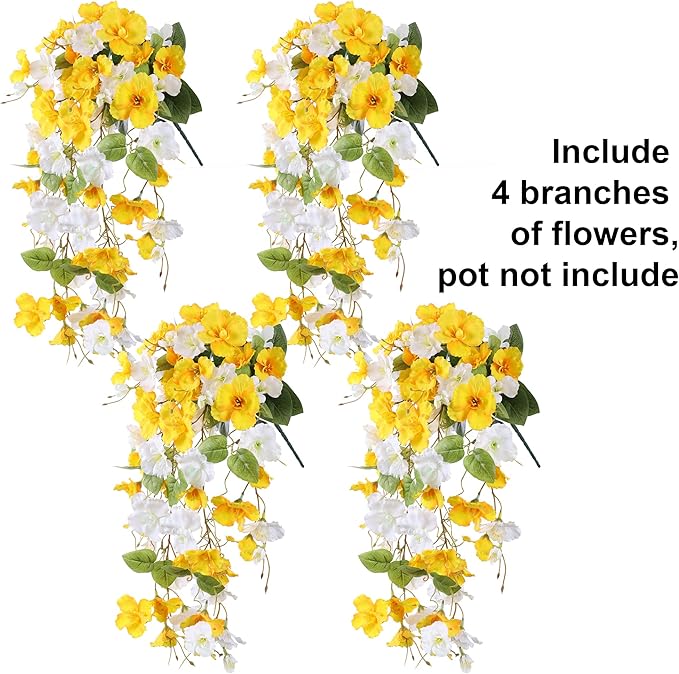 Artificial Hibiscus Fake Hanging Flowers Plants for Outdoors Spring Decoration, 4pcs Faux Silk Outside Hibiscus Long Trailing Vines Realistic UV Resistant for Front Door Planter Porch Patio Yard, Mix