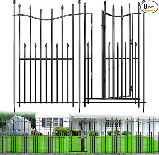 8 Panels No Dig Decorative Garden Fence with Gate, 40in(H) × 17.6ft(L) Heavy-Duty Rustproof Metal Panels, Outdoor Dog Barrier for Yard & Patio, Landscape, Border| Portable Temporary Fencing