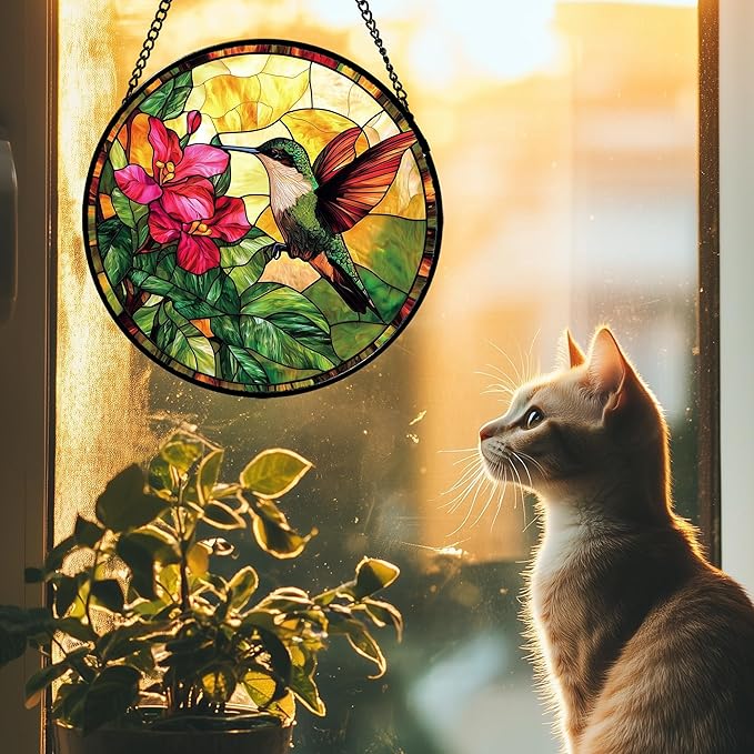 Stained Glass Suncatcher, Hummingbird Red Flowers Green Leaves Sun Catcher Stain Glass Window Hanging Decoration Mother's Day Birthday Gifts for Bird Lover Women Men Mom Nana 11.8 in