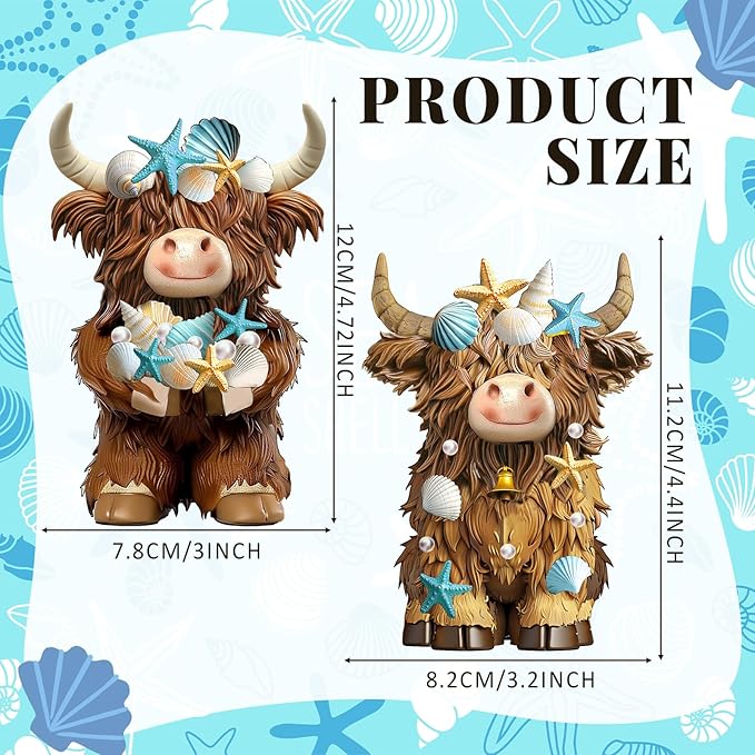 2 Pcs Coastal Christmas Highland Cow Decor Beach Ocean Themed Christmas Highland Cow Figurines Resin Starfish Seashellstatue Calf Lovers Gifts for Home Garden Kitchen Office Tiered Tray Table Decor