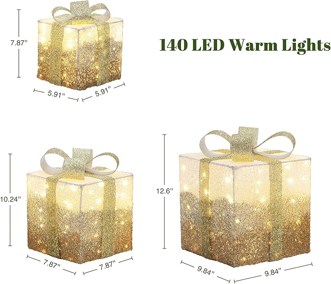 LuxenHome Set of 3 Lighted Gift Boxes, Plug-in White Crackle with Glitter Ribbon Bow Boxes with Timer Holiday Display, Lawn, Porch, Under Tree Indoor, Outdoor Christmas Decoration