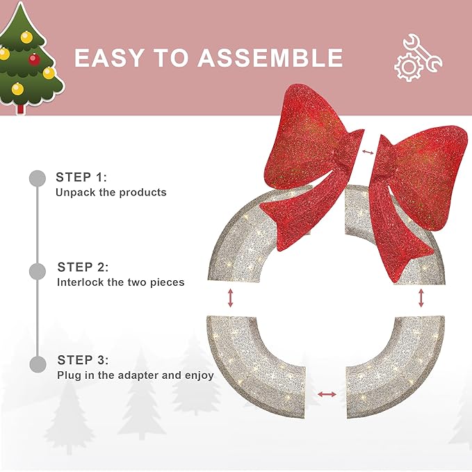 Lamerge 1PC Pre-Lit Outdoor Christmas Wreath Decorations, 36'' Bow Holiday Decor Wreath, Christmas Wreath with 90 Lights, Lights Outdoor/Indoor Decorations for Front Door, Wall, Window, White