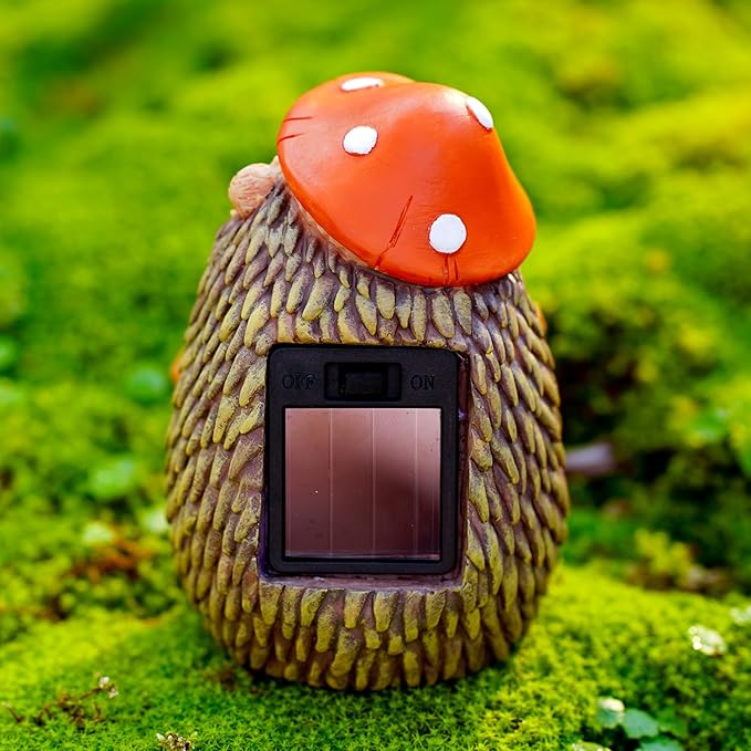 Garden Hedgehog Welcome Sign Statue with Mushroom Hat, Solar LED Ladybug Light, Outdoor Decorative Figurine 4.6in, Housewarming Gift for Patio,Yard,Lawn Ornament