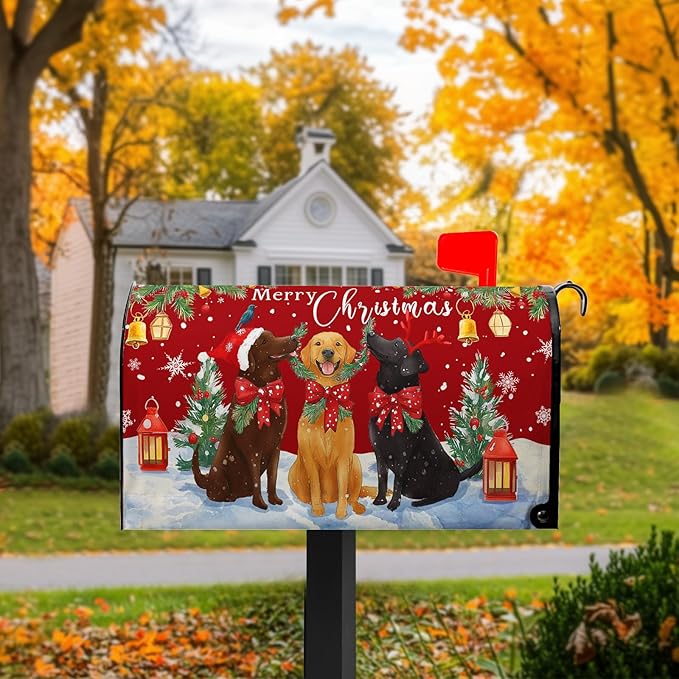 Merry Christmas Mailbox Covers Magnetic Standard Size Winter Dogs Mail Box Cover 21x18 inch Happy New Year Post Letter Box Cover Outdoor Decor for Garden