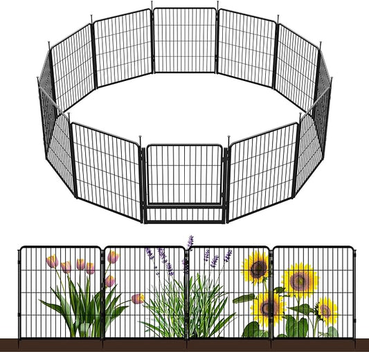 SunsGrove Garden Fence with Gate, 32 in(H) x 26.8 ft(L) 12 Panels Heavy Duty Metal Animal Barrier Fence for Yard, Suitable for Indoor or Outdoor Dog Pet Fence, Garden Fence Border, Black