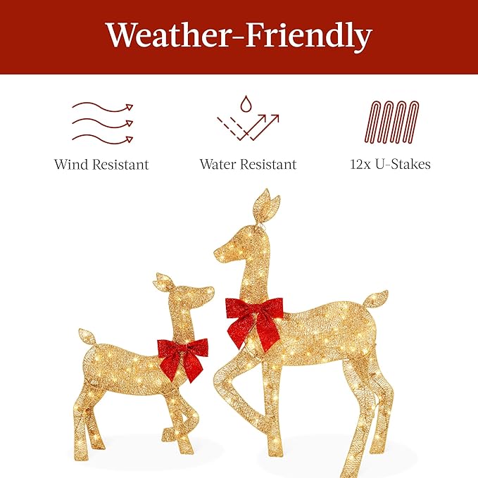 Best Choice Products 4ft 3-Piece 2D Lighted Christmas Deer Family Set, Large Outdoor Yard Reindeer Holiday Decoration with 175 LED Lights, Stakes, Zip Ties - Gold