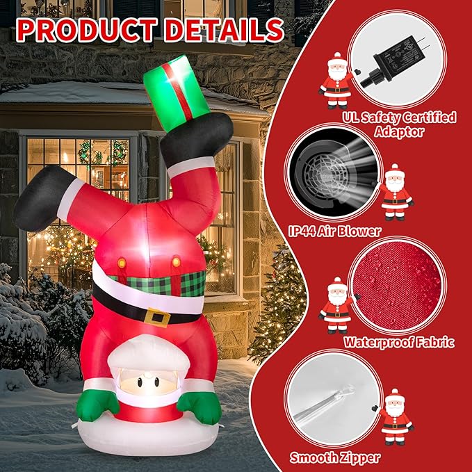 Christmas Inflatables Outdoor Decorations, 8 FT Handstand Santa Claus with 3 LED Lights Large Blow Up Yard Decor, Christmas Party Outdoor, Yard, Garden, Lawn Winter Decorations Ornaments