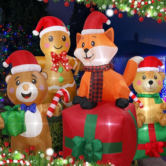 Christmas Inflatables Fox on Giftbox Lighted Yard Lawn Inflatable Decoration with Built-in Fan and Stakes Ropes Holiday Party Decor, Christmas Decor (5FT-Fox on GiftBox)