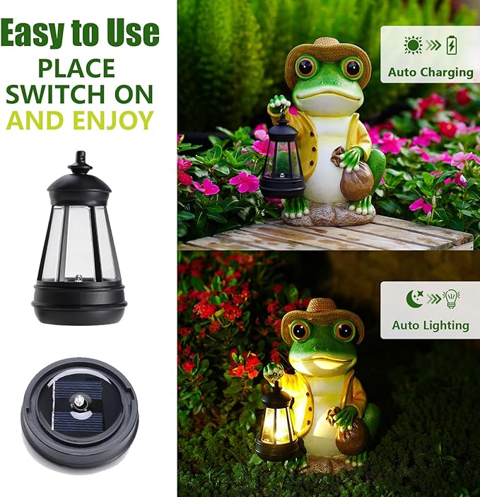 Frog Garden Statue with Solar Lantern - Large 13 in Solar Frog Statue Outdoor for Yard, Patio, Porch, Lawn and Balcony Decorations, Gift for Gardeners and Housewarming