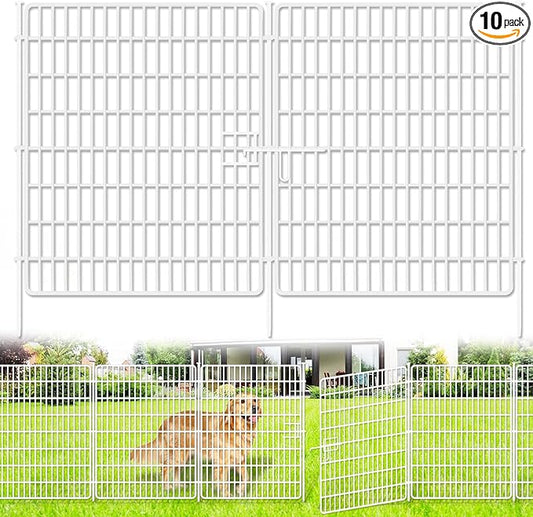 10 Panels No Dig Fence with Gate, 32 in(H) X 24 ft(L) Garden Decorative Fence Animal Barrier for Dogs, Rustproof Metal Garden Edging Border for Outdoor, Yard, Patio, White
