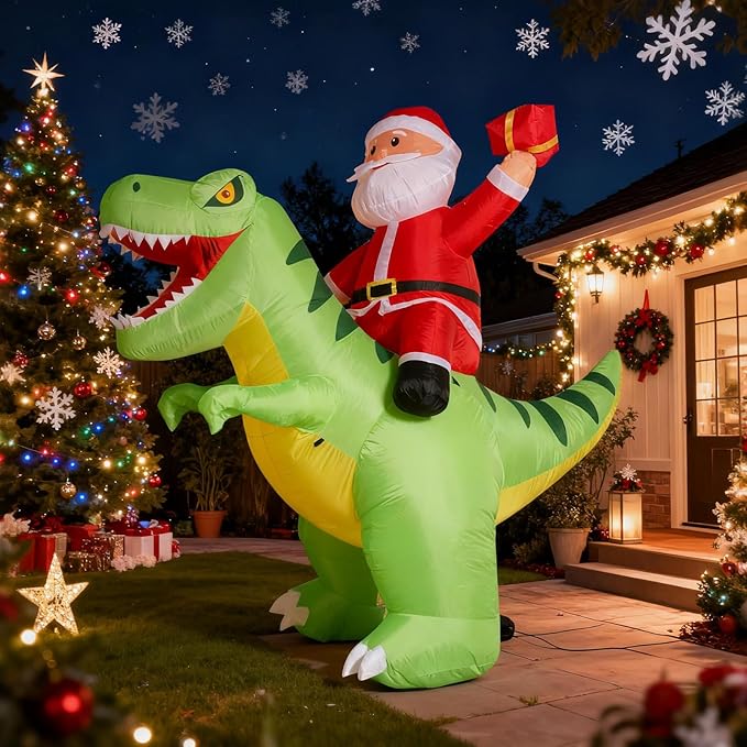 8.7x8FT Christmas Inflatable Santa Claus Ride on Dinosaur, Christmas Inflatables Santa Outdoor Decoration with LED Lights, Inflatable Christmas Decorations Xmas Party Decor