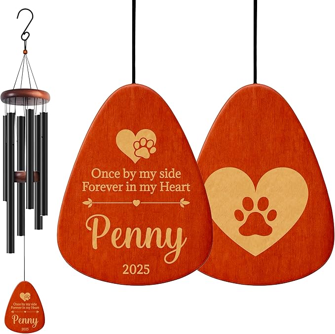 Personalized Pet Memorial Wind Chime - 37" Custom Engraved Pet Loss Gift with Name, Date & Quote - Drop Shape Wooden Pendant & Stainless Steel Tubes, Outdoor/Indoor Remembrance Wind Chime, Black D4