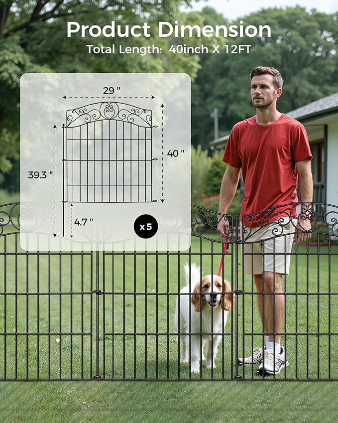 5 Panels No Dig Decorative Outdoor Garden Fence, 40 in(H) X 11.8 ft(L) Animal Barrier Fencing, Rustproof Portable Fence, Temporary Dog Fence Outdoor for Yard, Outside, Backyard, Patio