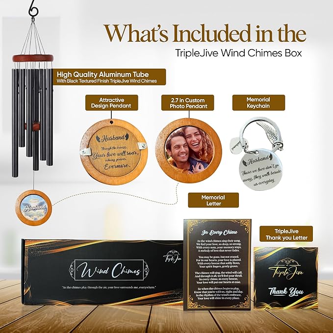 Personalized Memorial Wind Chimes with Custom Photo Pendant & Letter from Heaven | Sympathy Gift for Loss of Loved One, 32-Inch Outdoor Chime for Remembrance (Husband)