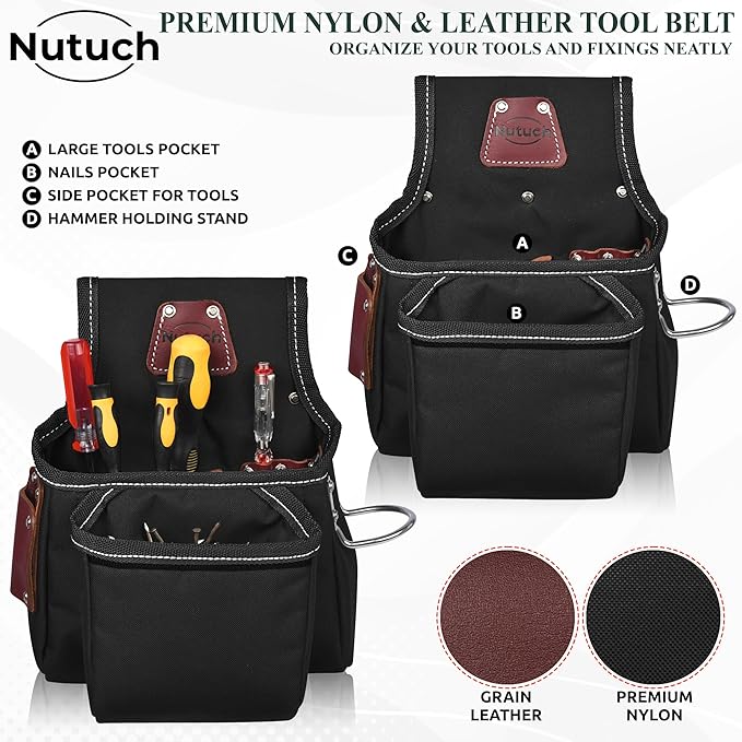 Nylon and Leather Tool Belt | Nylon Tool Pouch | Carpenter | Construction | Framers | Electrician Tool Belts | Drywall Tool Bags (BLACK)