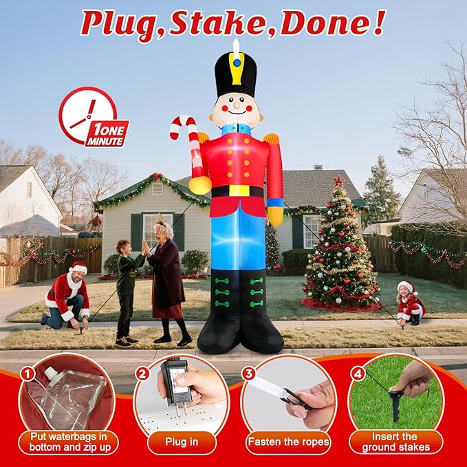 12 FT Tall Nutcracker Inflatable Christmas Decorations Outdoor Candy Cane, Built-in LED Lights Large Funny Soldier Xmas Blow Up Yard Decoration for Winter Holiday Party Indoor Outside Lawn Garden