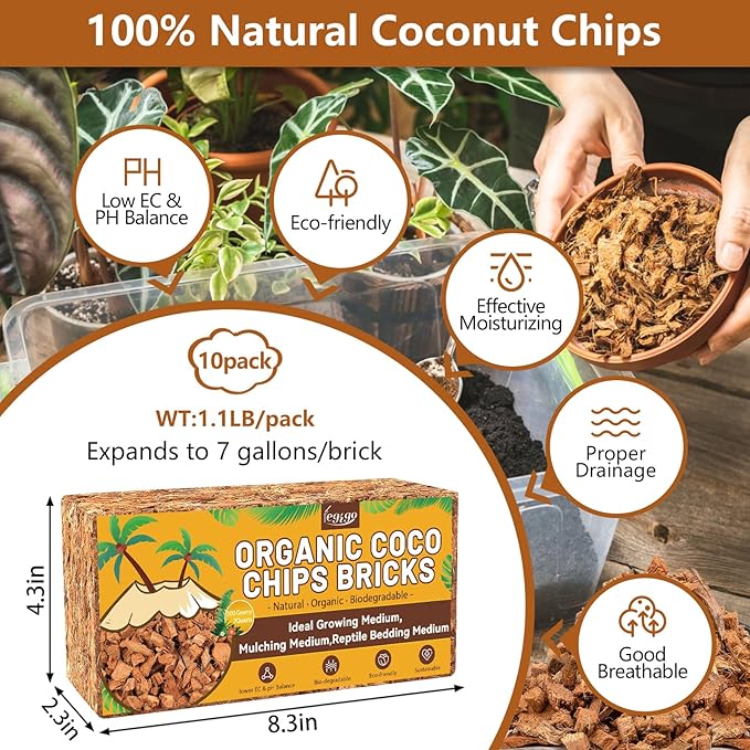 Legigo 10 Pack Coco Coir Chips for Plants- 11 LB 100% Organic Coconut Chips Brick Potting Mix with Low EC & PH Balance, Coconut Husk Substrate Coco Husk Mulch for Garden, Planting, Orchid and Soil Mix