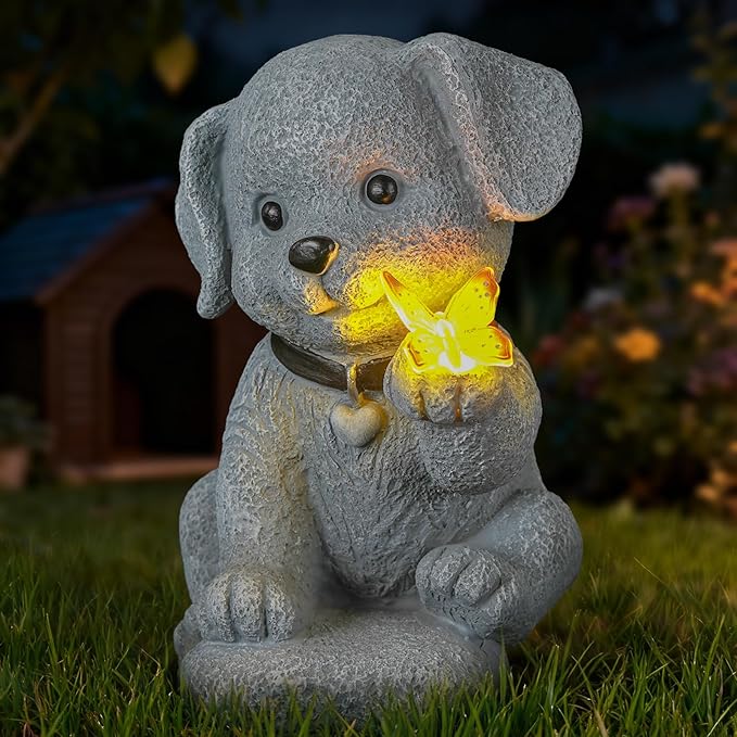 Solar Puppy Dog Garden Light Decor - 7.9" Cute Pet Memorial Statue, from Dawn to Dusk LED Light, Weatherproof Resin for Yard Pathway & Dog Lover Gifts