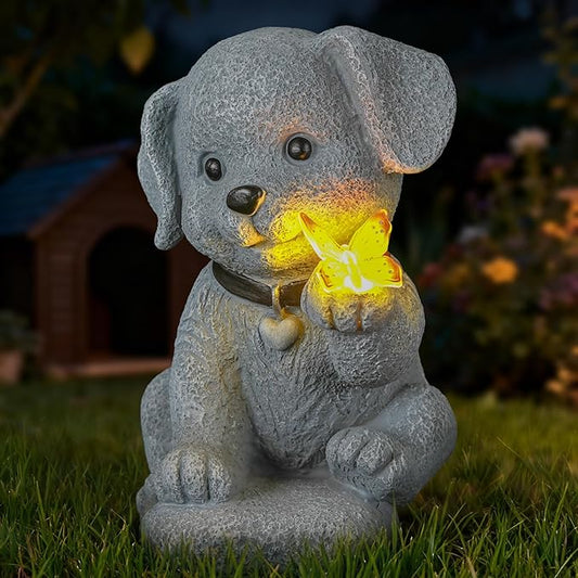 Solar Puppy Dog Garden Light Decor - 7.9" Cute Pet Memorial Statue, from Dawn to Dusk LED Light, Weatherproof Resin for Yard Pathway & Dog Lover Gifts