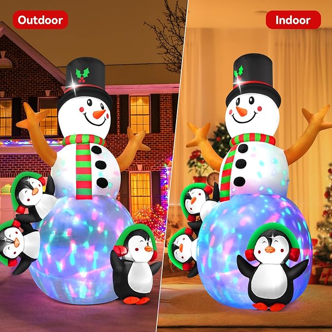 6.3 FT Christmas Inflatable Snowman Outdoor Decoration with Build-in Multicolor LEDs, Snowman with 3 Penguins Blow Up Inflatables Christmas for Yard Garden Lawn Xmas Holiday Decor