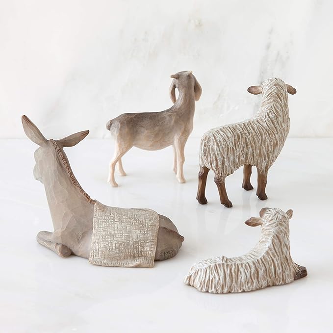 Willow Tree Sheltering Animals for The Holy Family, Giving Watch, Warmth, Protection, Gray-White Standing Goat, Gray Donkey, 2 White Sheep, Sculpted Hand-Painted Nativity Scene Figures, 4-Piece Set