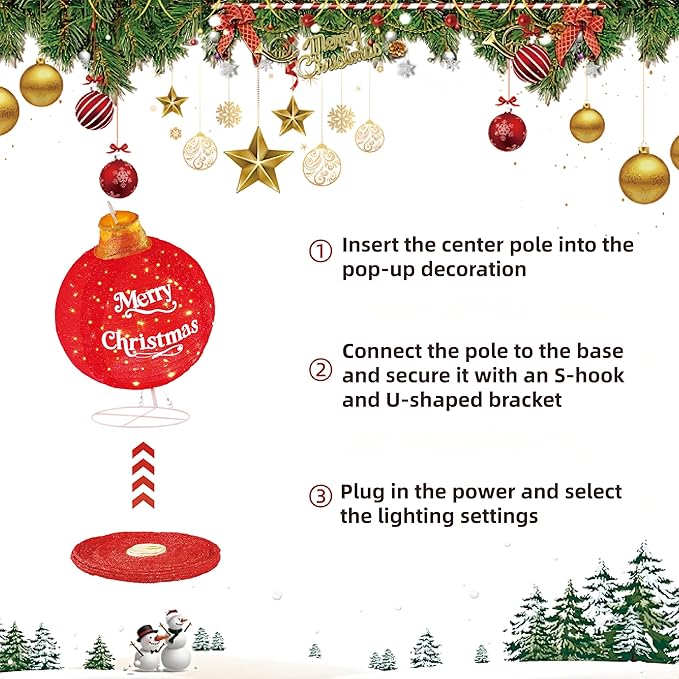 Lighted Pop-Up Outdoor Christmas Ornaments Set, Large Outdoor Christmas Decorations for Yard Lawn with 185 LED Lights & 8 Modes, with Reinforced Metal Base