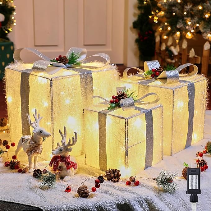 Brightown 3 Pieces Lighted Gift Boxes Outdoor Christmas Decorations, 12" 10" 8" with 60 Pre-Lit Mini String Lights，Foldable LED Boxes with Bows for Tree Indoor Outdoor Party Yard Home Decor