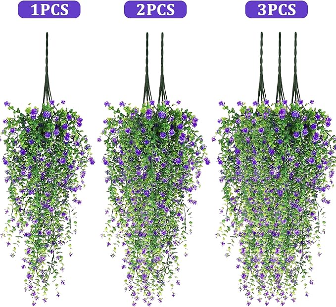 Artificial Hanging Flowers, 3 Pcs Fake Hanging Plants Artificial Vines for Outdoors, Fake Ivy Vine UV Resistant No Fade Faux Plants for Indoor Outside Garden Patio Yard Greenery Decoration (Purple)
