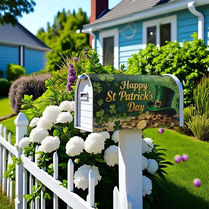 Happy St. Patrick's Day Large Mailbox Covers Magnetic Oversized Green Shamrock Hat Gold Coin Print St Patrick Holiday Outdoor Decorative Letter Box Cases for Home Garden Outside Decor, 25.5x21 Inch