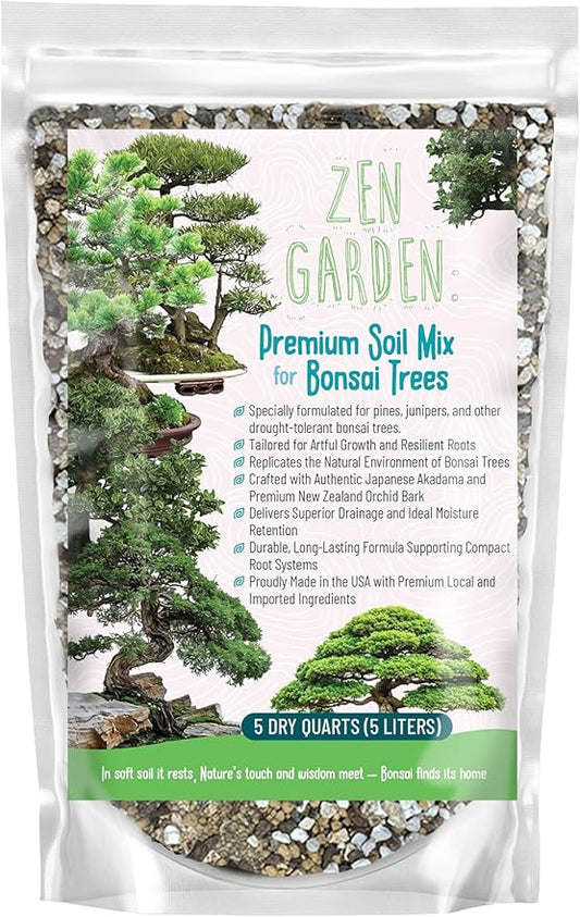 Zen Garden Bonsai Soil Mix – Fast-Draining & Organic for Junipers, Pines, and Drought-Tolerant Bonsai Trees – Handcrafted in The USA with Japanese Akadama & Pumice (5 quarts)