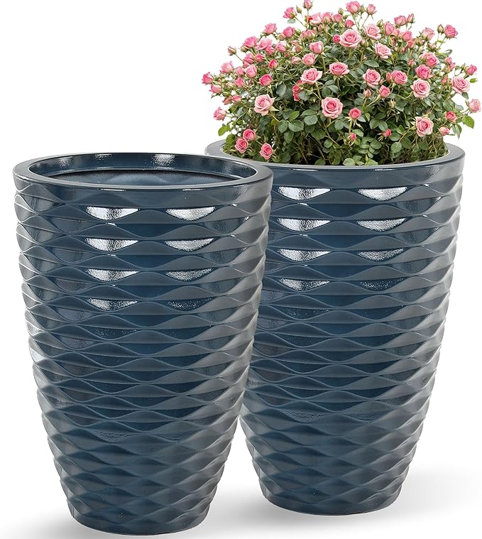 19" Resin Tall Outdoor Planters,Set of 2 Marine Round Large Flower Pot for Plants,Handmade Glossy Finish and Wave Texture,Weather-Resistant for Porch Christmas Decor,Garden, Patio or Indoor Use