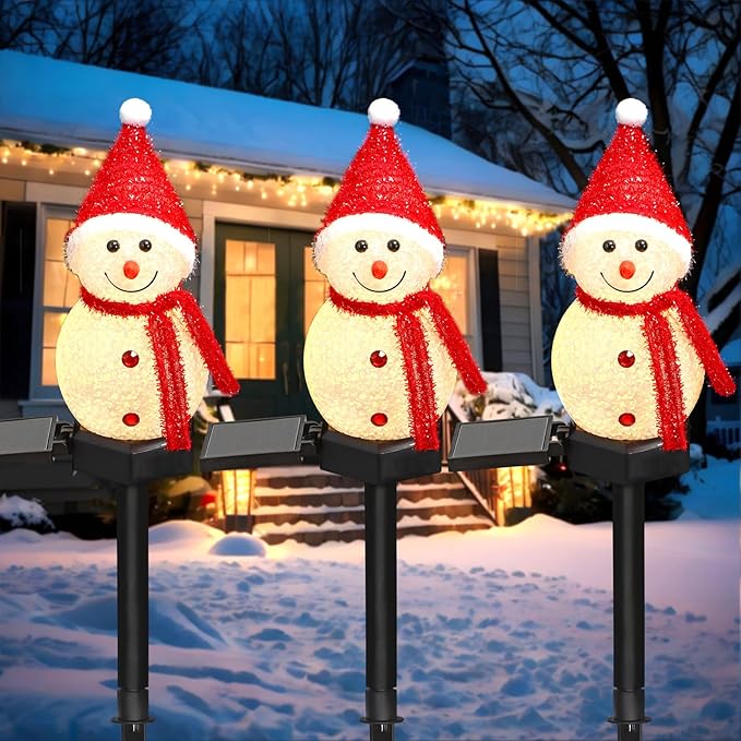TOCHGREEN 3 Pack Solar Christmas Snowman Lights - Outdoor Waterproof Pathway Stake Lights, Solar Powered Decorations for Christmas Yard Path Patio Garden Porch Lawn Decor (Red)