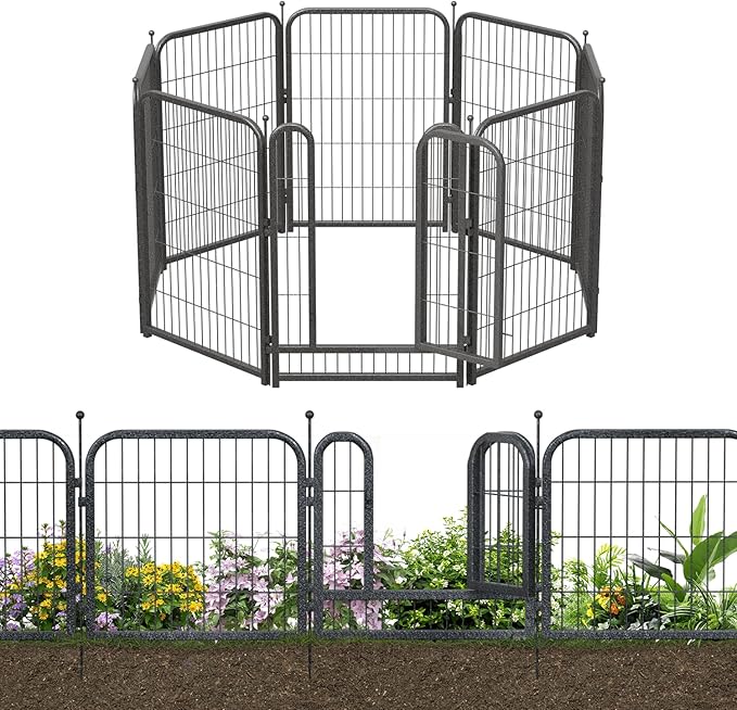 Decorative Garden Metal Fence 18ft (L)×40in (H) with 7 Panels 1Gate Outdoor, No Dig Rustproof Wire, Animal Barrier Fencing for Outdoor Yard Patio Flower Bed,（Black-Silver）