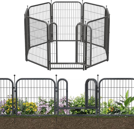 Decorative Garden Metal Fence 18ft (L)×40in (H) with 7 Panels 1Gate Outdoor, No Dig Rustproof Wire, Animal Barrier Fencing for Outdoor Yard Patio Flower Bed,（Black-Silver）