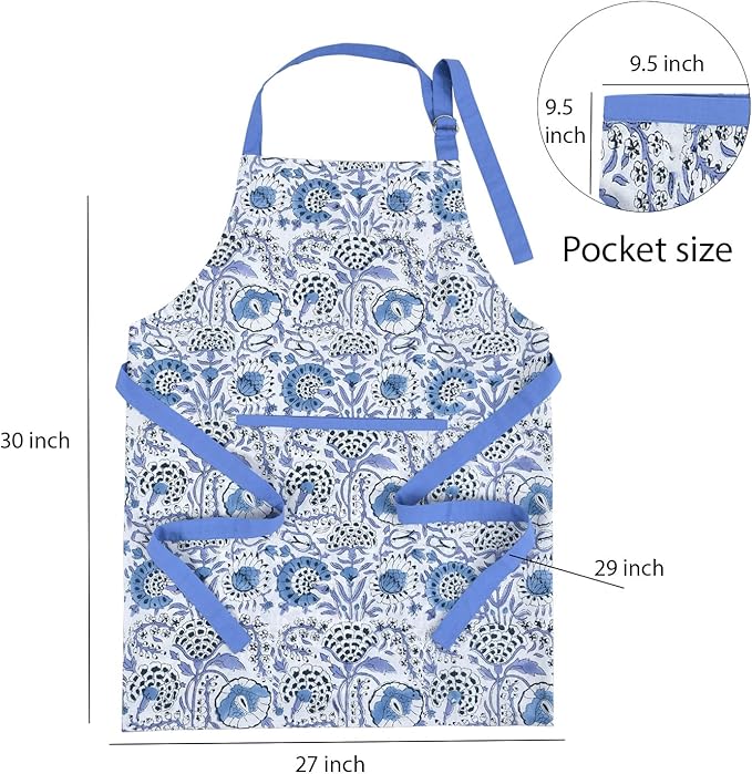 CPC Cotton Floral Kitchen Apron for women with Pocket and Adjustable Neck Ties. Apron for Women Men Chef-Hand Block Printed