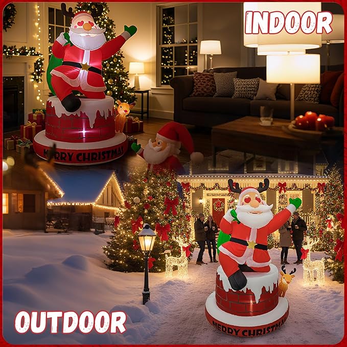 UPWELL 8FT Inflatable Chimney Santa Claus - Classic Outdoor Holiday Yard Decoration with LED Lights, Self-Inflating, Stable & Durable, Suitable for Christmas Decor & Events