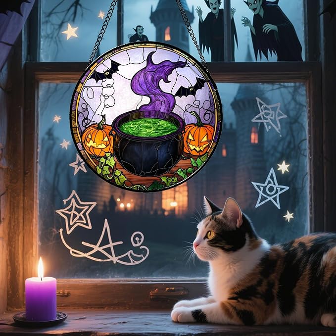 Stained Glass Window Hanging Halloween Scary Pumpkin Bat Magic Liquid Large 15" - Suncatcher Door Garden Sun Catcher Gothic Home Decor Birthday Horror Gifts for Mom Men Woman Friend