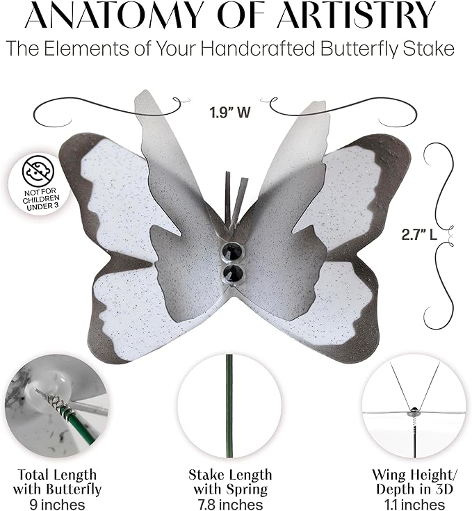 Handmade White Butterfly Garden Stakes Set of 7 - Decorative Outdoor & Indoor Plant Decor - Nature Lover Gift Idea by Air Aquarium Kushner