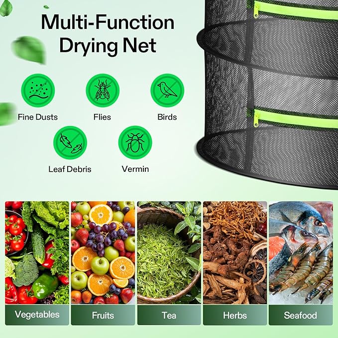 VIVOSUN 2-Layer Mesh Drying Rack Hanging Design with Green Zippers for Dehydrating, Indoor and Outdoor Pruning Shears Included