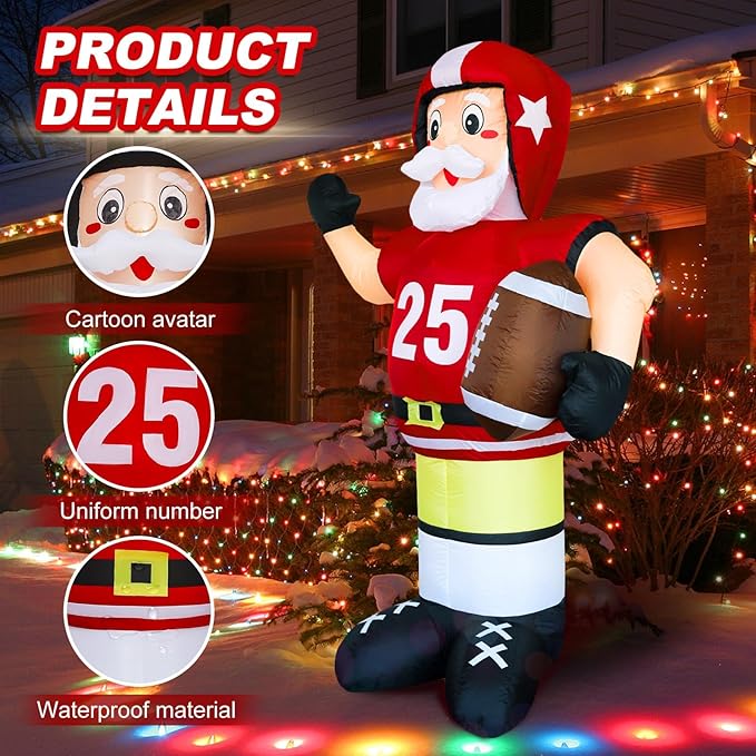 DearSun 8FT H Christmas Inflatable American Football Santa,Football Party Decorations,Blow Up No.25 Rugby Santa Player with Build-in LED Lights, Inflatable Player for Football Party Decor