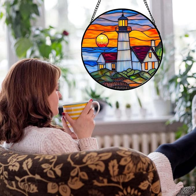 Stained Glass Window Hanging - Sea Lighthouse Suncatcher for Door Terrace Garden Home Decor Sunset Beach Scenery Sun Catcher Birthday Gifts for Lovers Women Men Dad Mom Nana 9.8 in