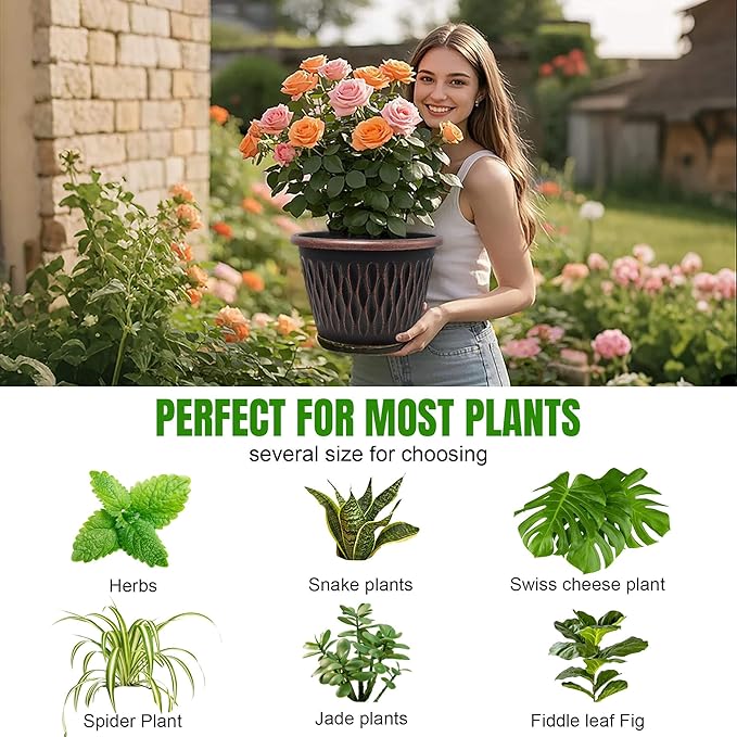 4 Pack 10 Inch Retro Plant Pots, Vintage Striped Flower Pots with Drainage Hole & Saucer, Large Plastic Planters for Indoor and Outdoor Plants, Decorative Garden Pots(Copper)