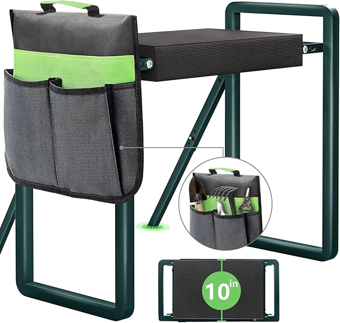 Heavy Duty Garden Kneeler and Seat for Elderly, 400lbs Capacity Foldable Gardening Stool with Support Legs & Thick Pad, Includes Large Tool Organizer Bag, Green
