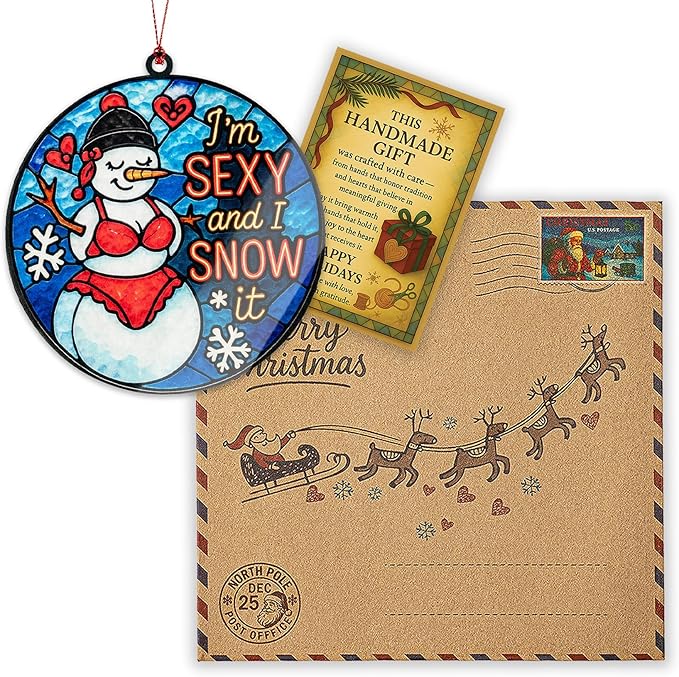 Sexy Snowman Ornament – Funny Christmas Humor | Holiday Gag Gift Card – I’m Sexy and I Snow It – Adult Winter Decor – Suncatcher Effect Window – Car Hanging Snowbut 2