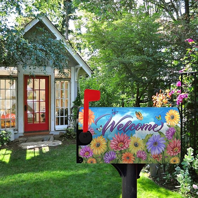 Summer Mailbox Covers Magnetic Oversized Flower Daisy Butterfly Mailbox Wraps Gerbera Welcome Fall Mailbox Post Cover Colorful Floral Mailbox Decor for Garden Yard Large Size 25.5 x 21 Inch
