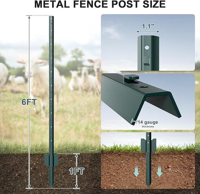 10 Pack Metal Fence Post, 6 Feet Heavy Duty Garden with U-Post, No Dig Garden Fence Stakes for Temporary Fencing, Corner Anchor