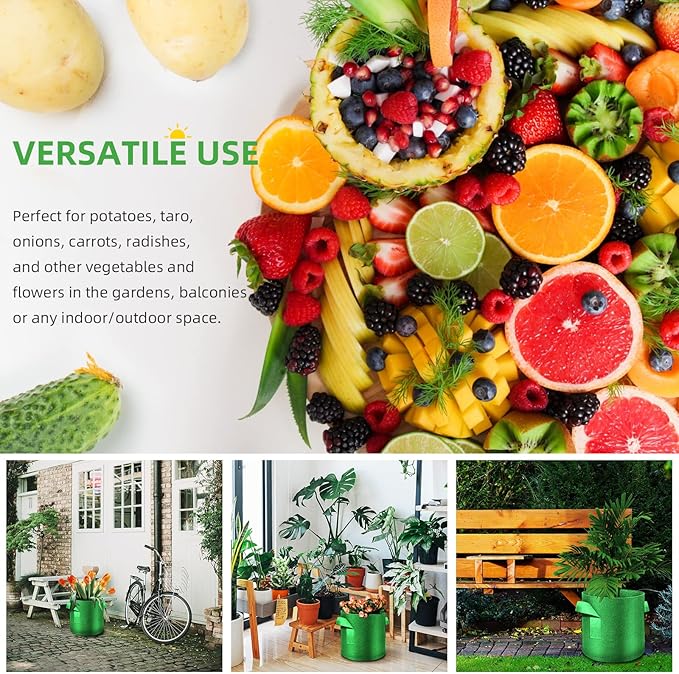5-Pack 3 Gallon Grow Bags Heavy Duty Thickened Nonwoven Fabric Pots with Handles, Plant Grow Bags for Vegetables/Flower/Plant/Fruits, Green