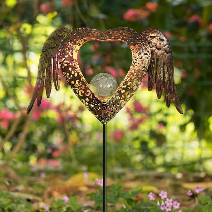 KAIXOXIN LEDs Solar Stake Lights for Garden Metal Warm White, Memorial Gift - Perfect as Remembrance & Sympathy Gifts (Heart-Bronze)
